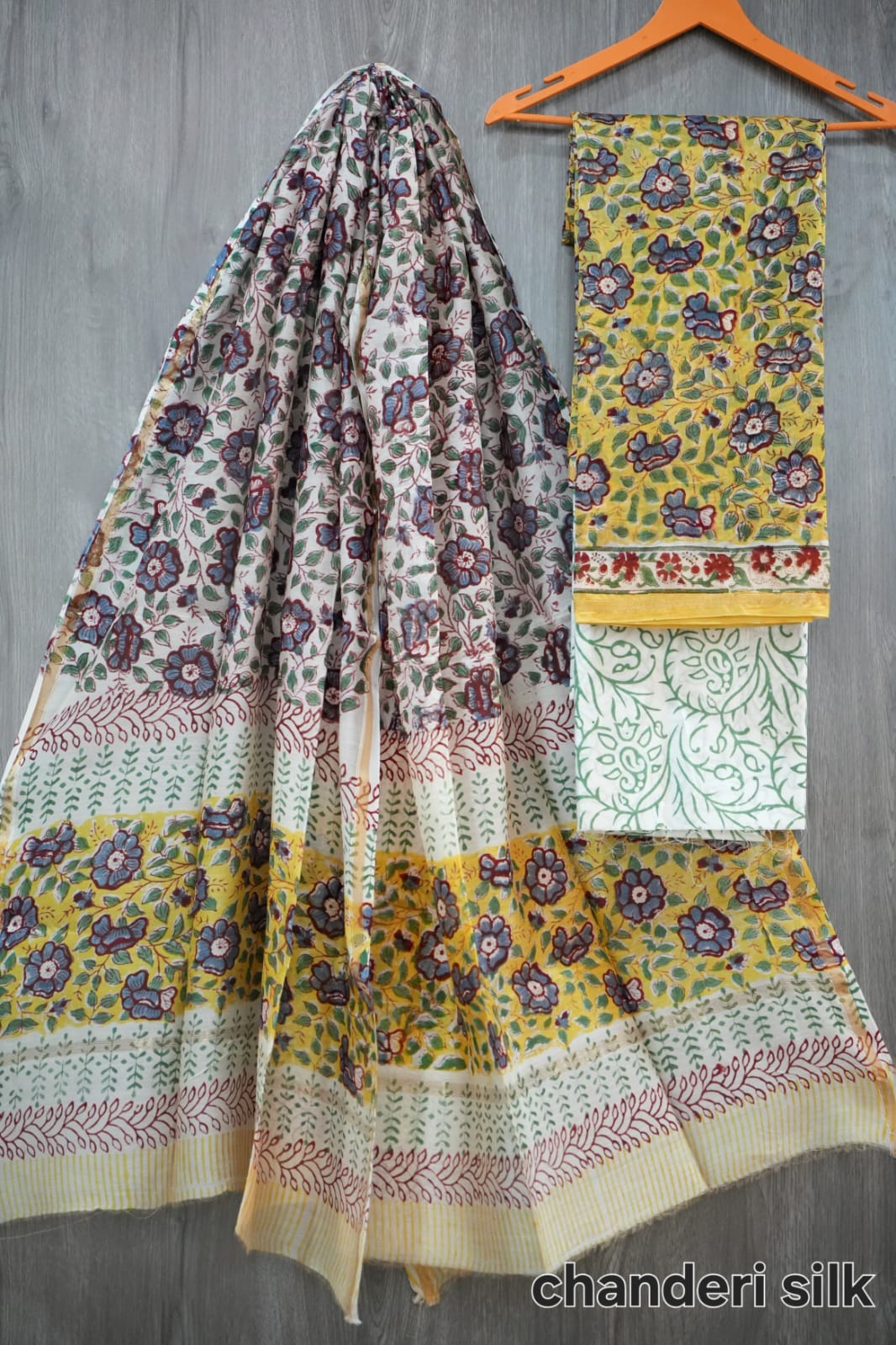 Yellow & Blue-Grey Floral Jaal Hand Block Print Chanderi Silk Dress Material (BFCHS19)