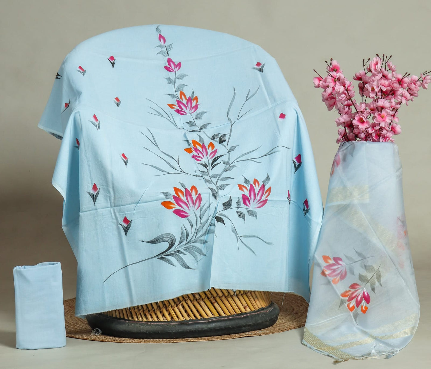 New Floral Hand Block Printed Cotton Suit With Organza Dupatta(BFOR71)