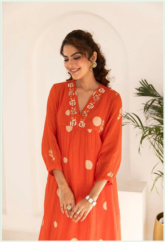 Orange Mul Cotton Polka Dot Kurta Set | Festive 3Pc Suit with Bead Embroidery