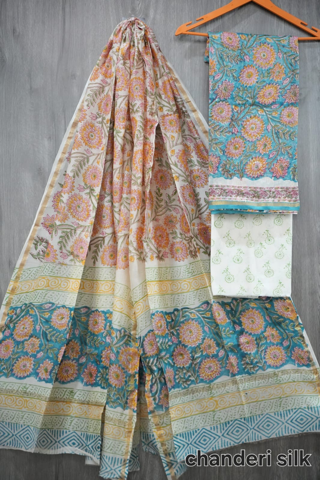 Sky Blue & Pink Floral Hand Block Print Chanderi Silk Dress Material(BFCHS02)