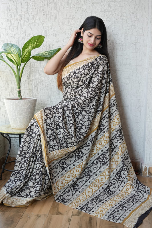 Black Mustard Printed Cotton Saree – Soft Cotton Saree for Women(MVCS44)