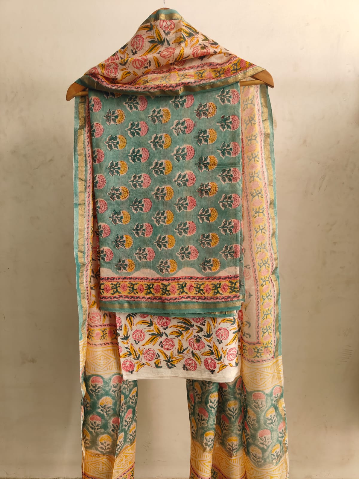 Teal Green & Pink Hand Block Print Chanderi Silk Dress Material |(BFCHS04)