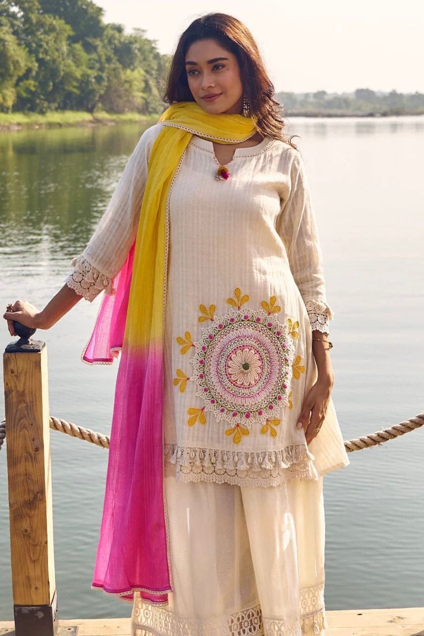 Off-White Embroidered Sharara Suit for Women | Pure Cotton Shifli Lino Kurta Set with Lahariya Tie-Dye Dupatta