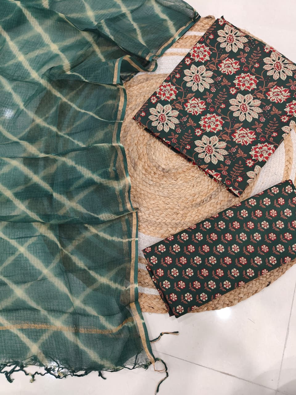 Premium Sanganeri Printed Cotton Suit With Kota Doria Duppta(BFCOTKD34)