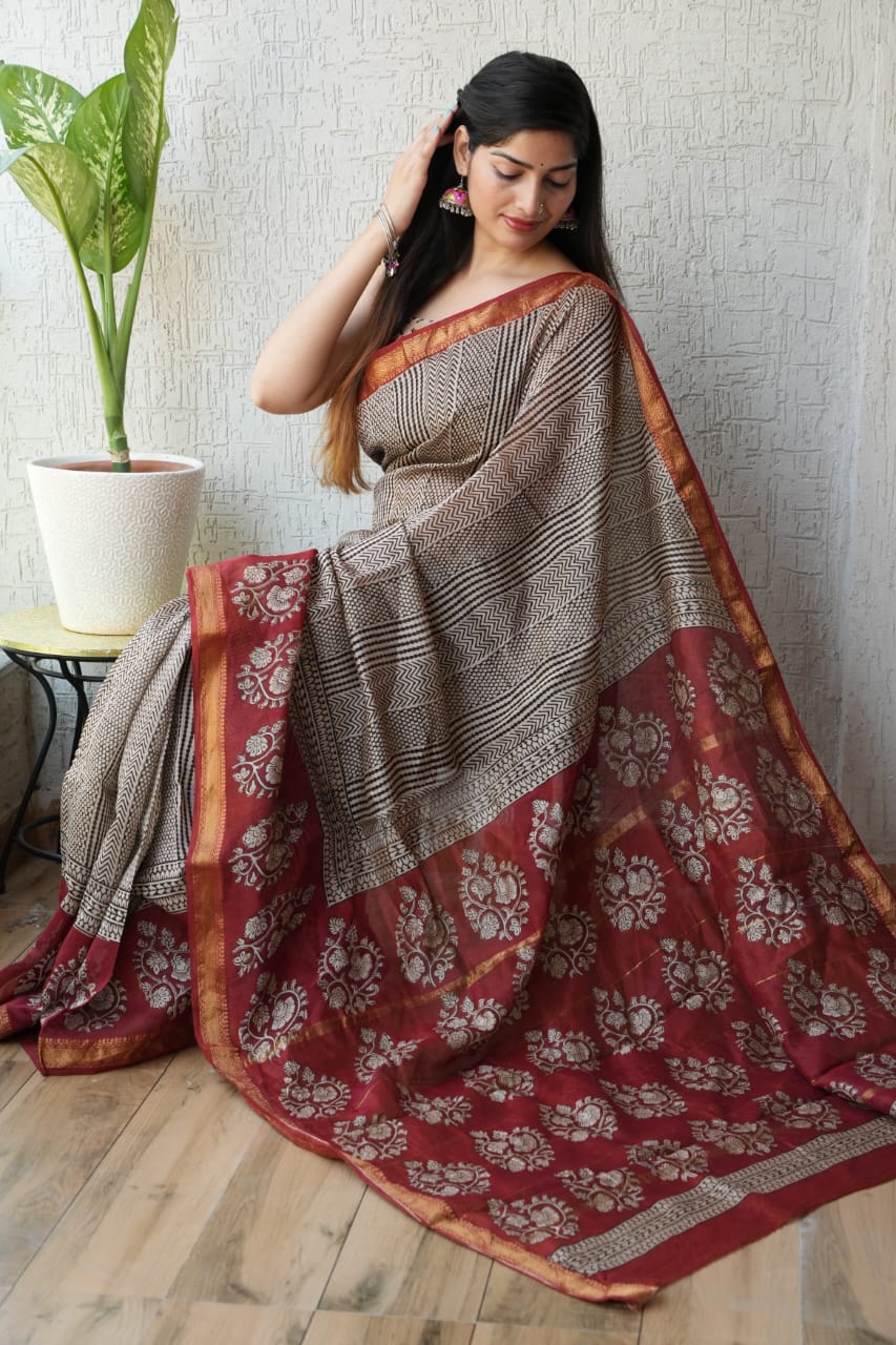 New Designer Hand Block Print Maheshwari Silk Saree (BFMSARE12)