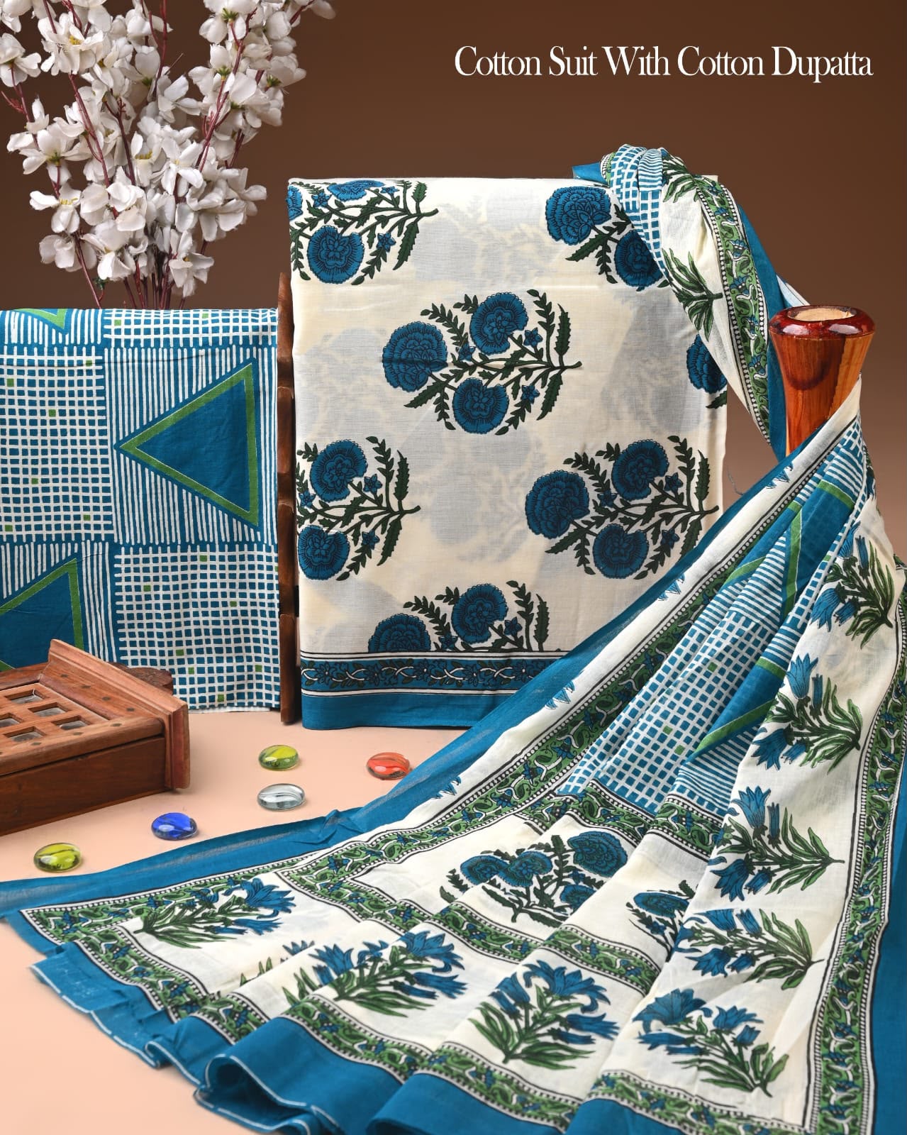 Exclusive Hand Block Cotton Suit With Cotton Dupatta(BFCOT136)