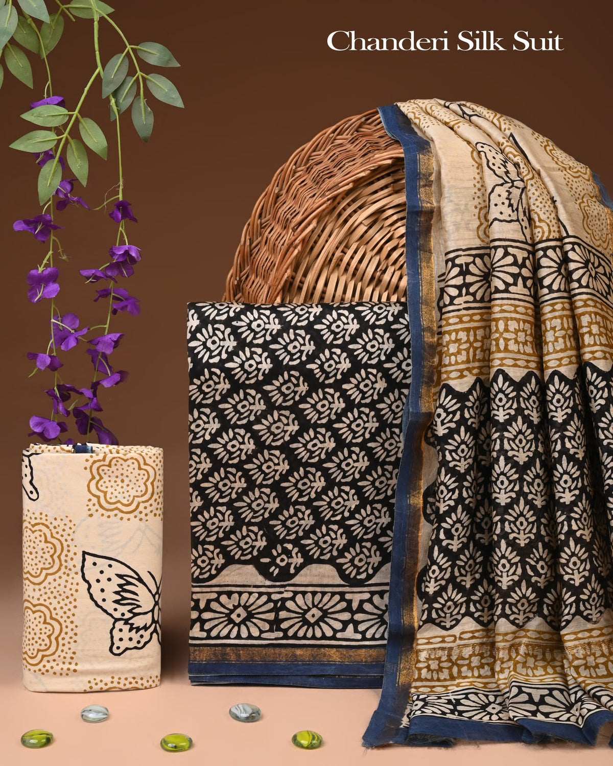 EXCLUSIVE HAND BLOCK CHANDERI SILK SUIT SET WITH CHANDERI DUPATTA