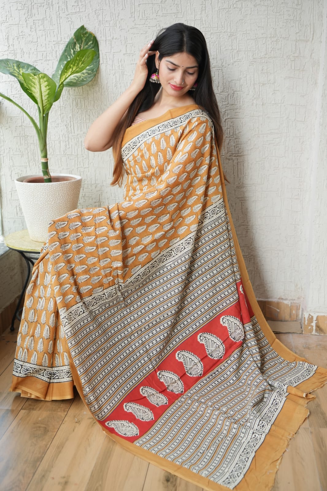 Mustard Yellow Printed Cotton Saree – Soft Cotton Saree for Women (BFCS10)