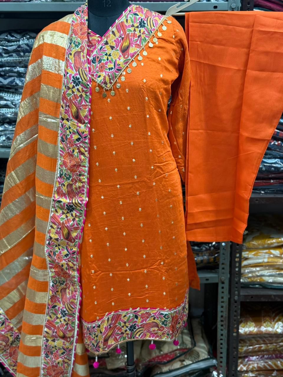 Orange Chanderi Jacquard Embroidered Kurta Set with Dupatta
