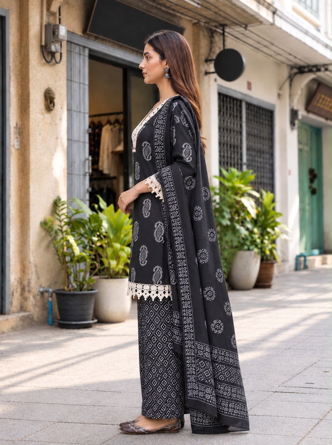 Black Printed Cotton Kurta Palazzo Set for Women