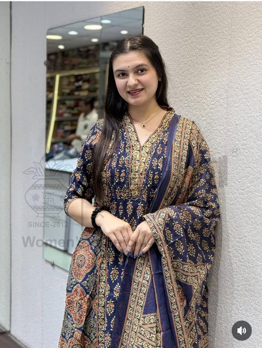 A-Line Flared Kurta Set – Saganeri Print with Adda Work | Navy Blue