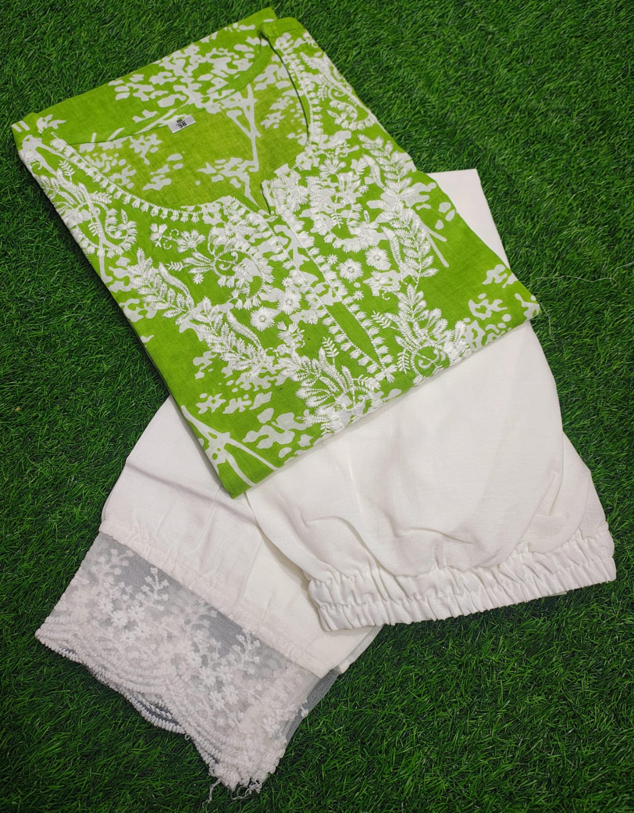 Green Chikankari Cotton Kurti Pant Set | Mulmul Cotton Ethnic Wear for Women