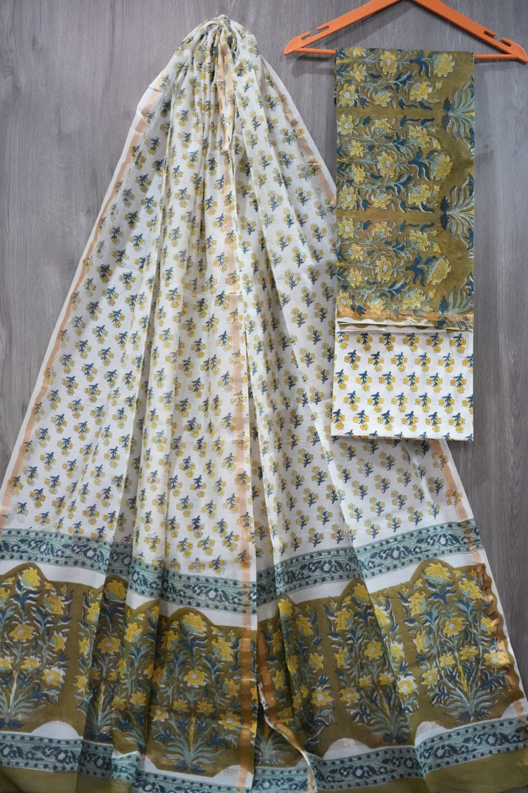 Olive Green & Yellow Genda Butti Hand Block Print Chanderi Silk Dress Material (BFCHS45)