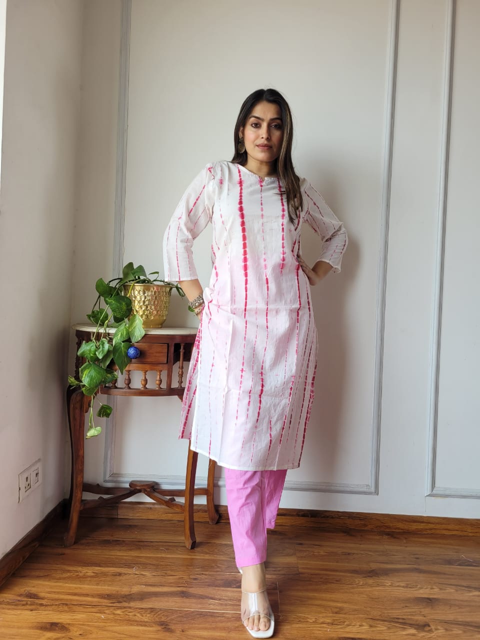 White Pink Tie Dye Cotton Kurti Pant Set for Women