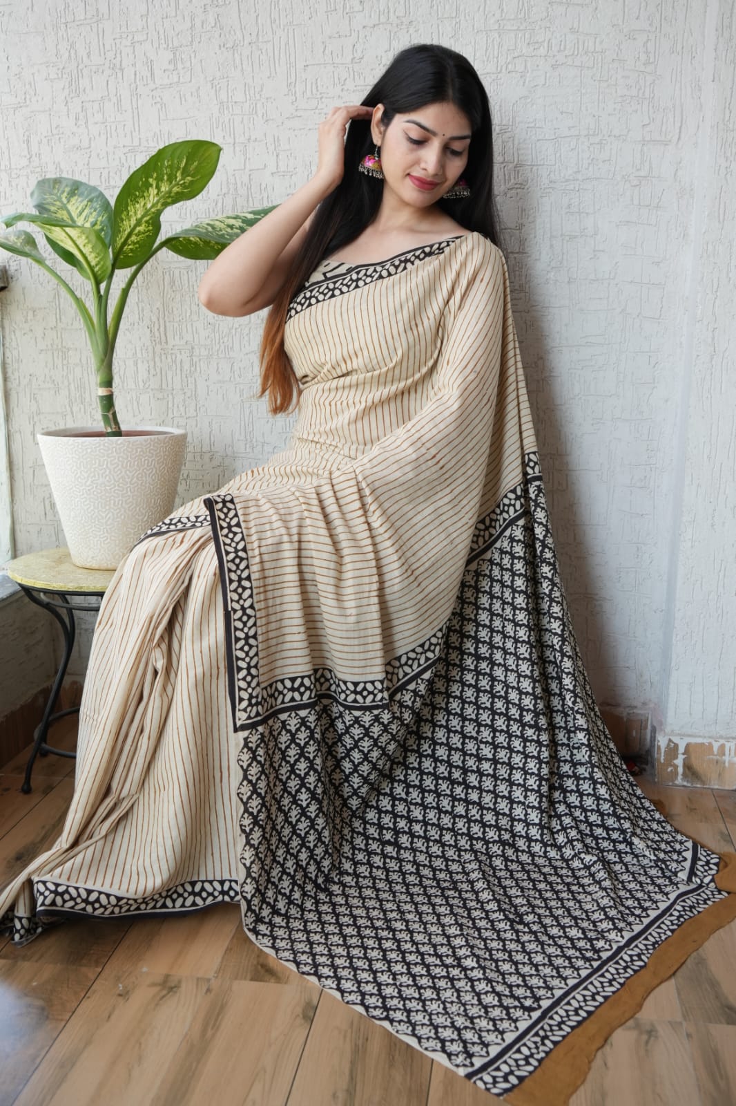 Beige Striped Cotton Saree – Soft Cotton Saree for Women (BFCS15)