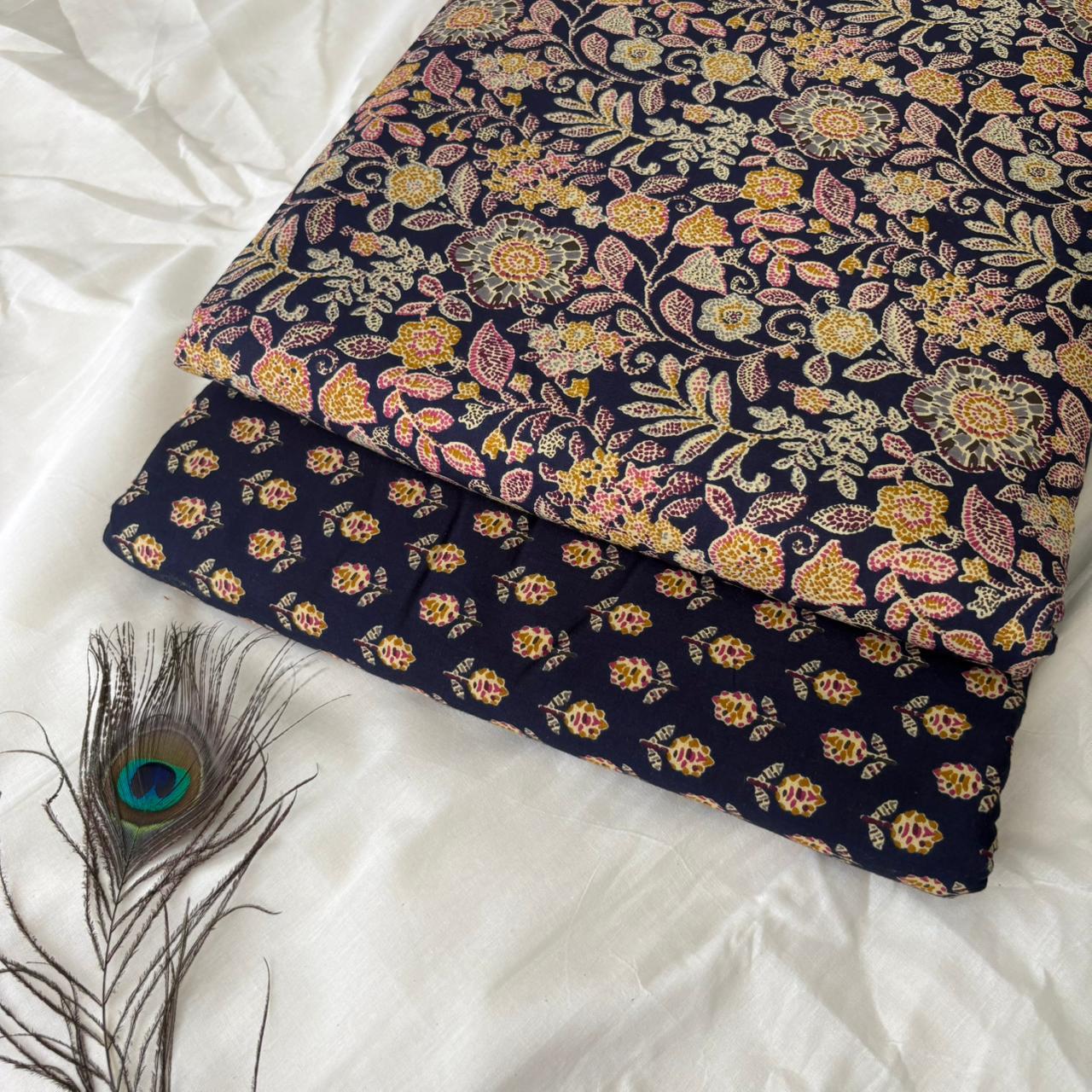 Navy Blue Floral Printed Cotton Fabric (BFTB130)