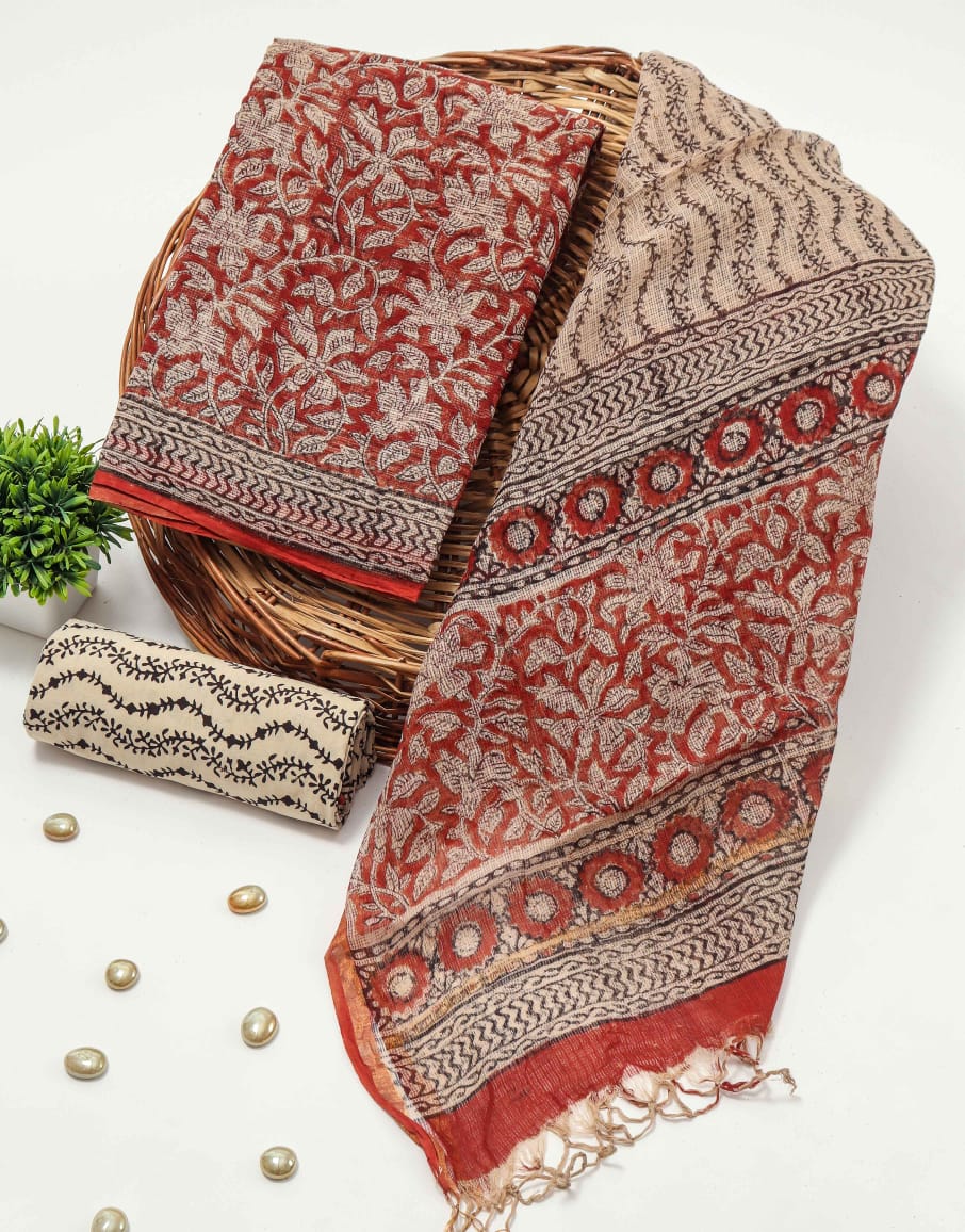 Red Beige Kota Doriya Suit Set with Dupatta (BFFKO51)