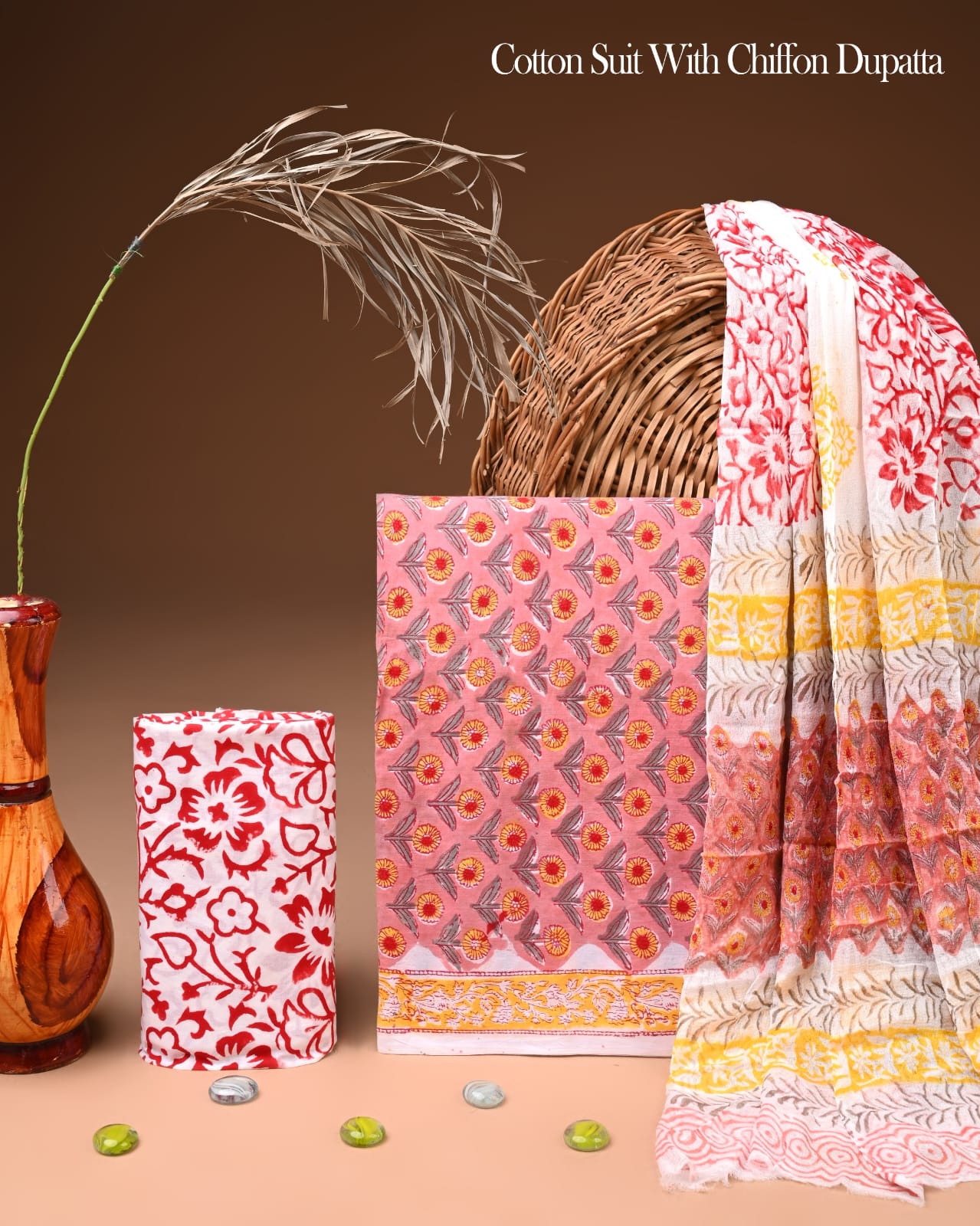 Premium Hand Block Cotton Suit With Chiffon Dupatta Suit Sets(BFCC44)