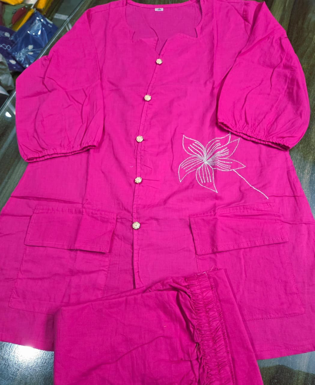 Vibrant Pink Cotton Co-ord Set | Floral Embroidered Summer Top & Pant Set