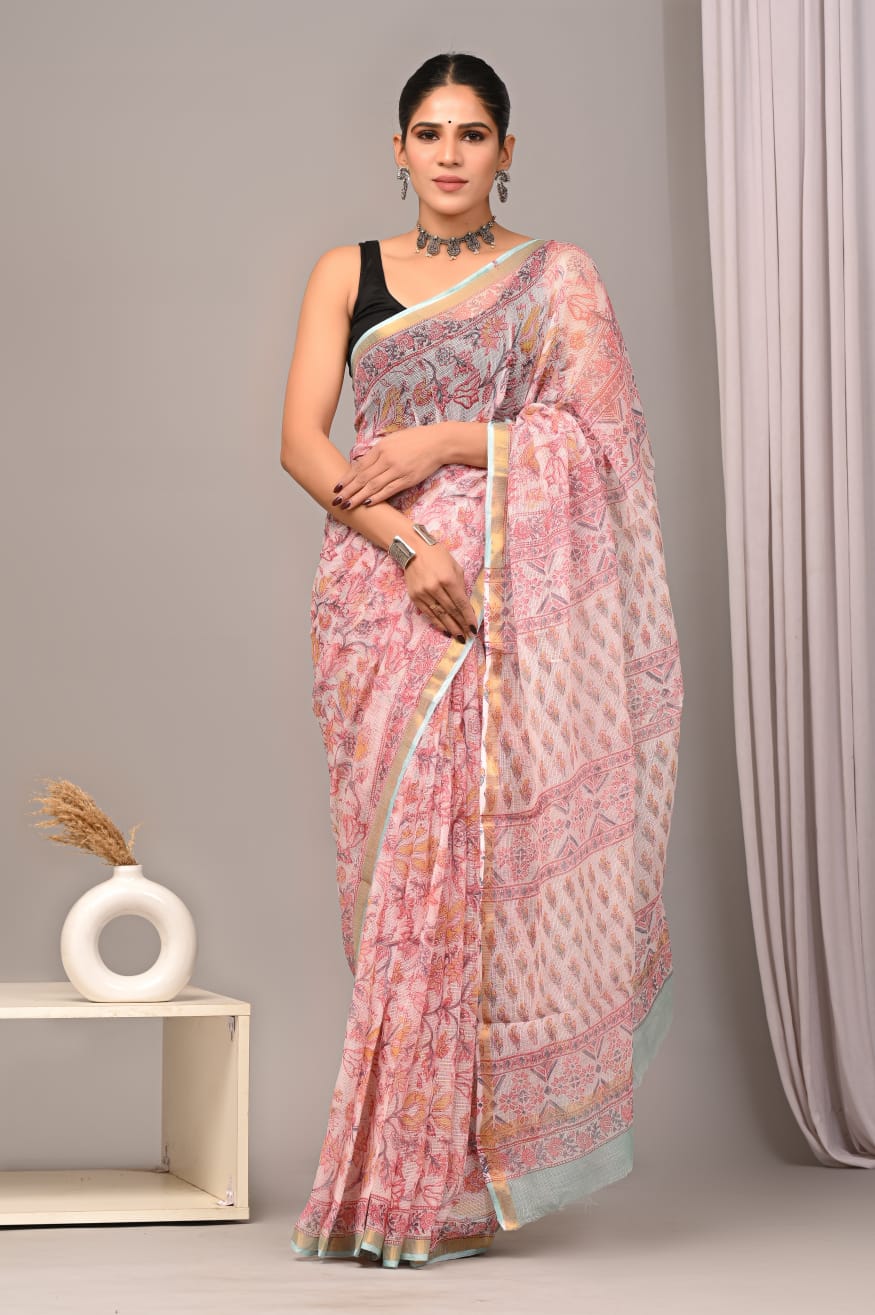 Blush Pink Mint Kota Doriya Saree | Bagru Floral Hand Block Print with Blouse (BSFS47)