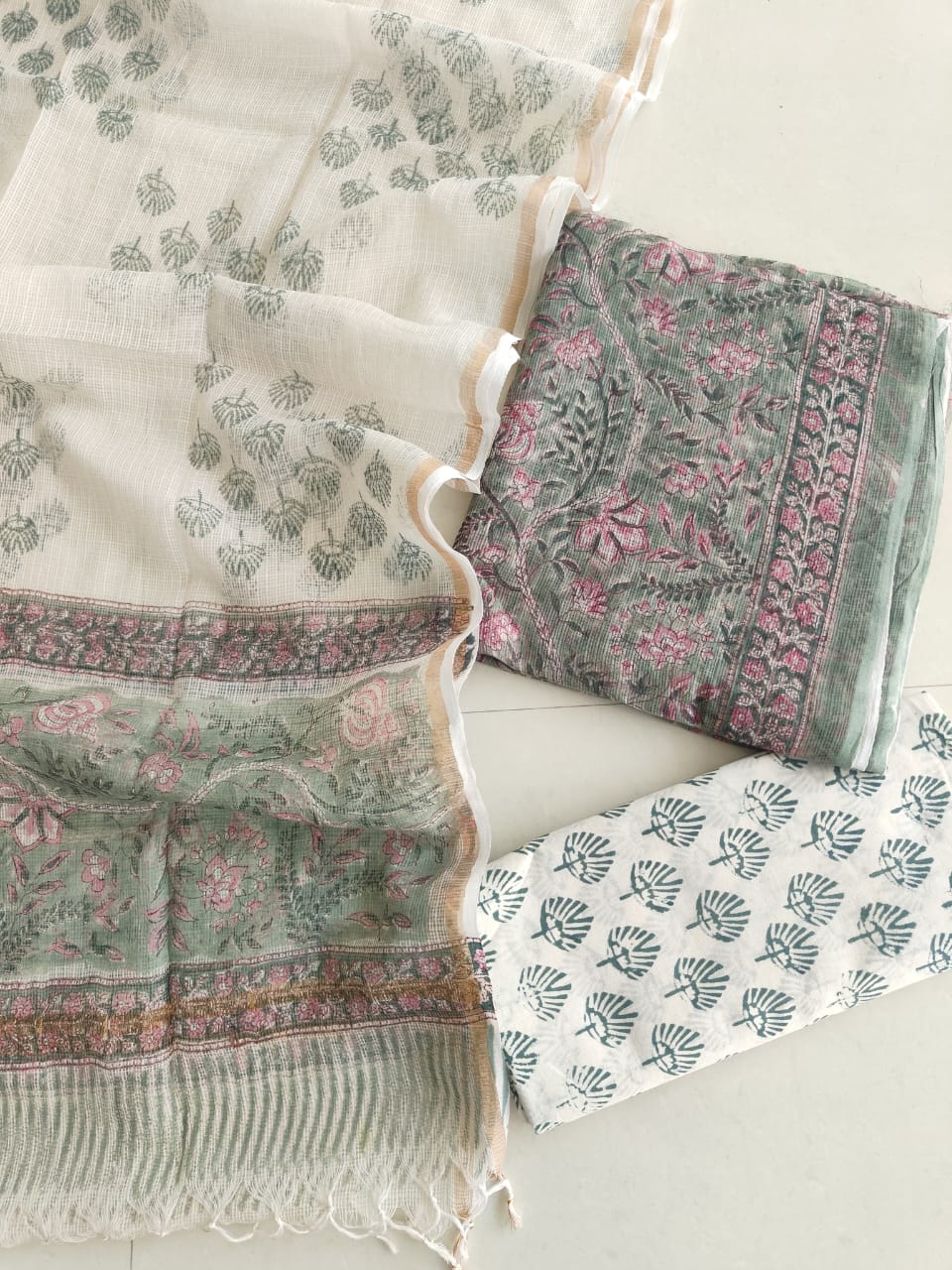 Sage Green Pink Floral Hand Block Print Kota Doriya Suit (BFFKO76)