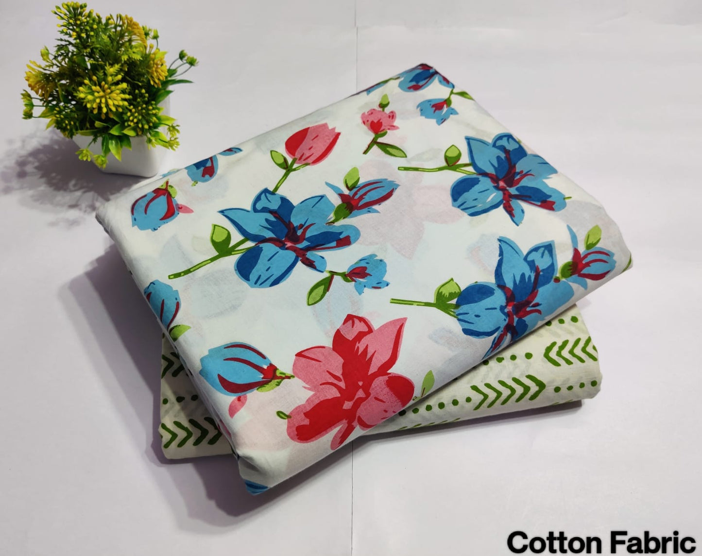 White Blue Floral Printed Top & Bottom Suit Set – Elegant Cotton Suit Material (BFTB28)