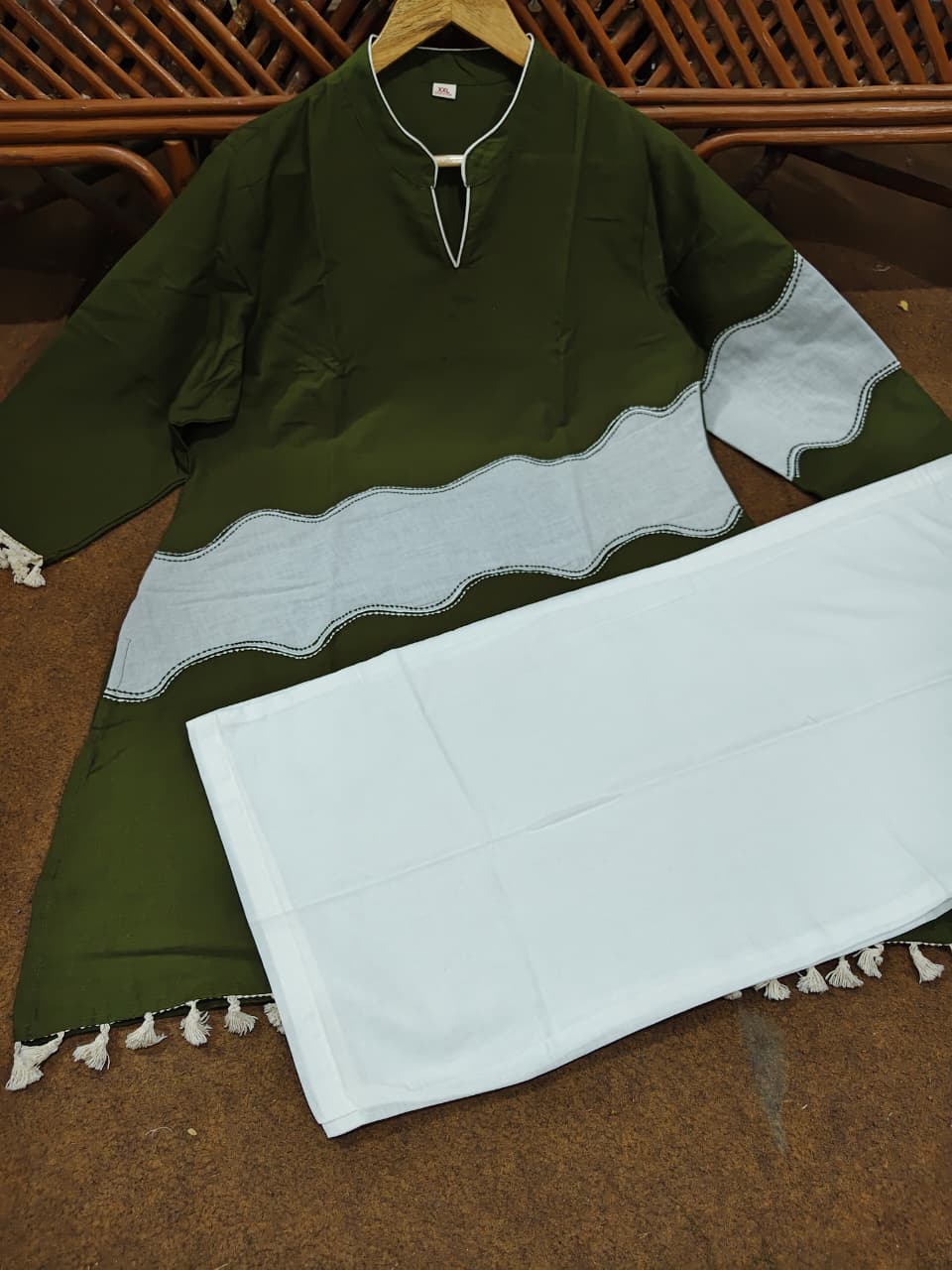 Olive Green Cotton Shirt with Embroidered Jute Jacket & Pant Set