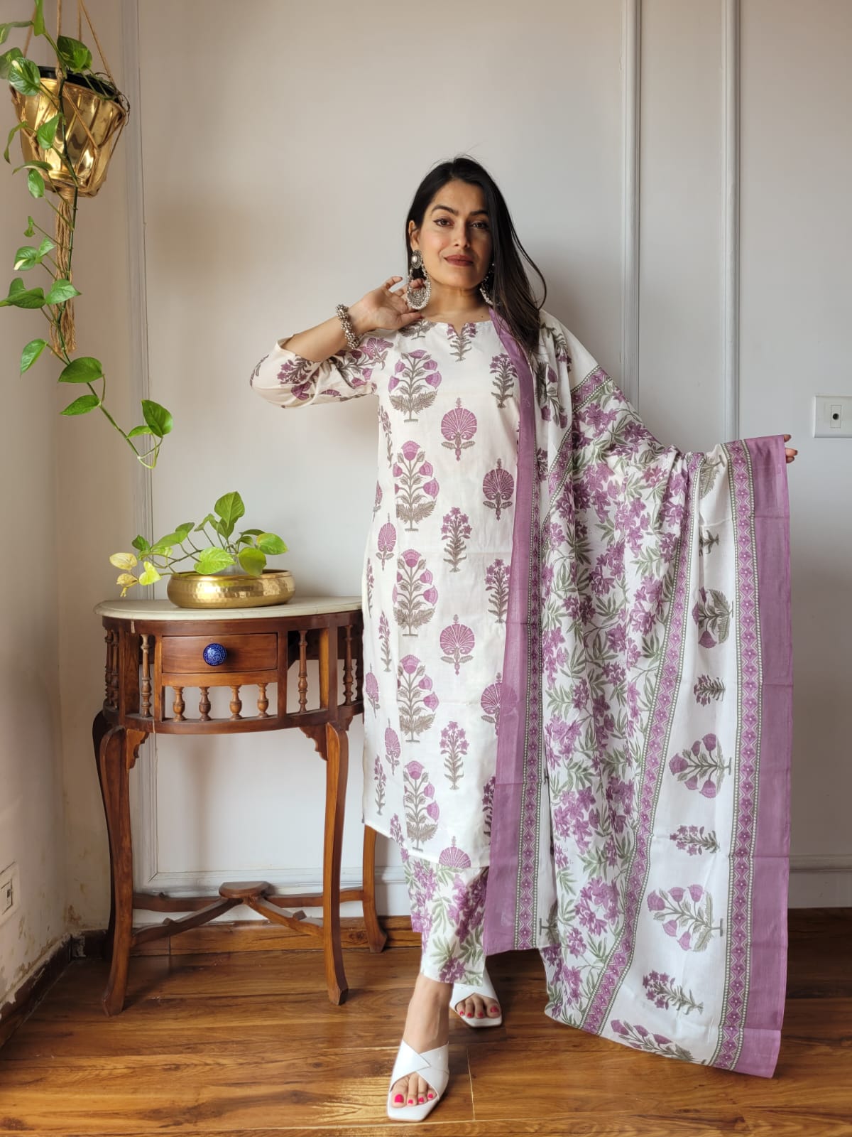 Off-White & Lavender Hand Block Printed Cotton Suit for Women