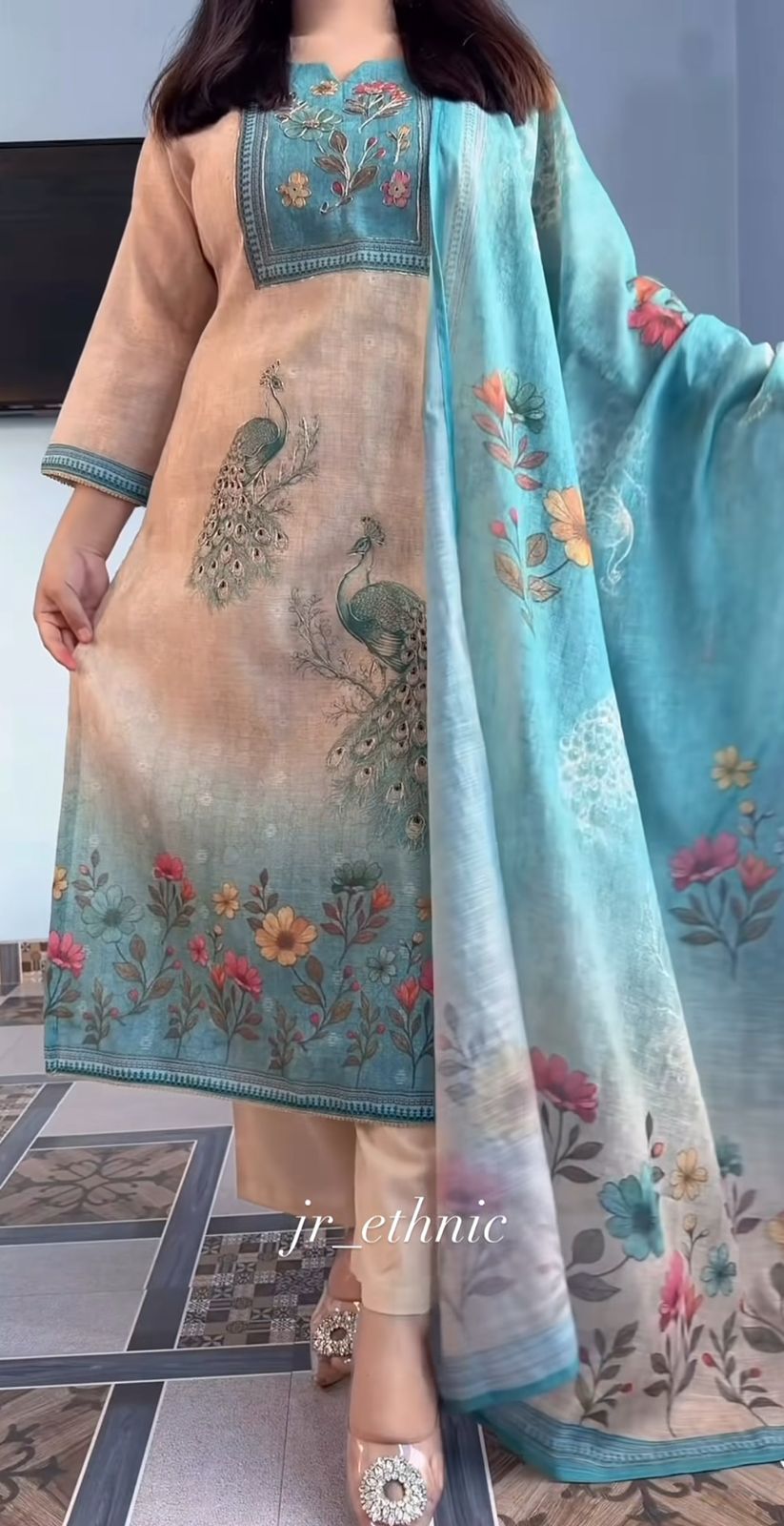 Beige Teal Peacock Print Premium Muslin Suit Set