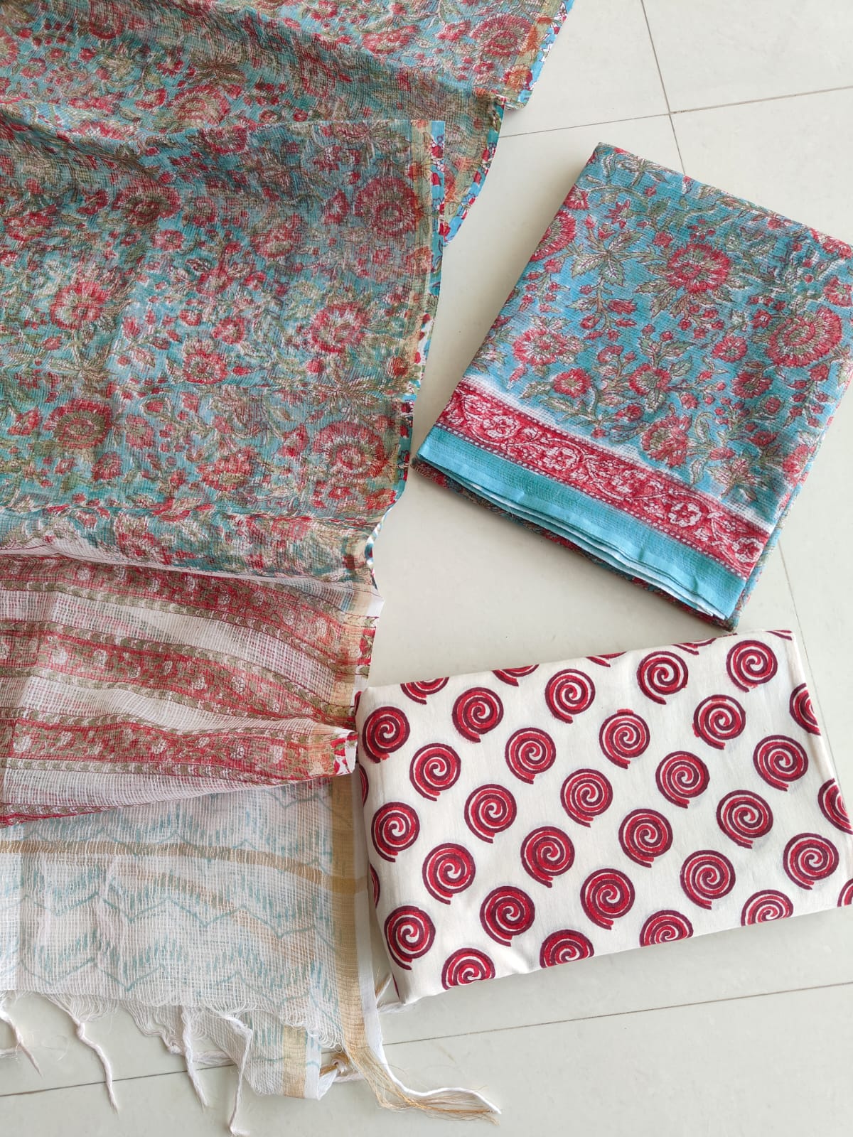 Sky Blue Red Floral Hand Block Print Kota Doriya Suit (BFFKO71)