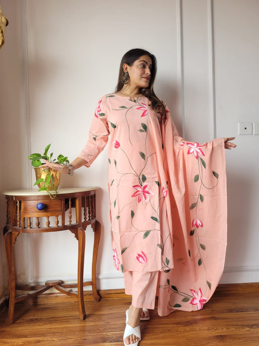 Peach Floral Cotton Suit with Cotton Dupatta for Women