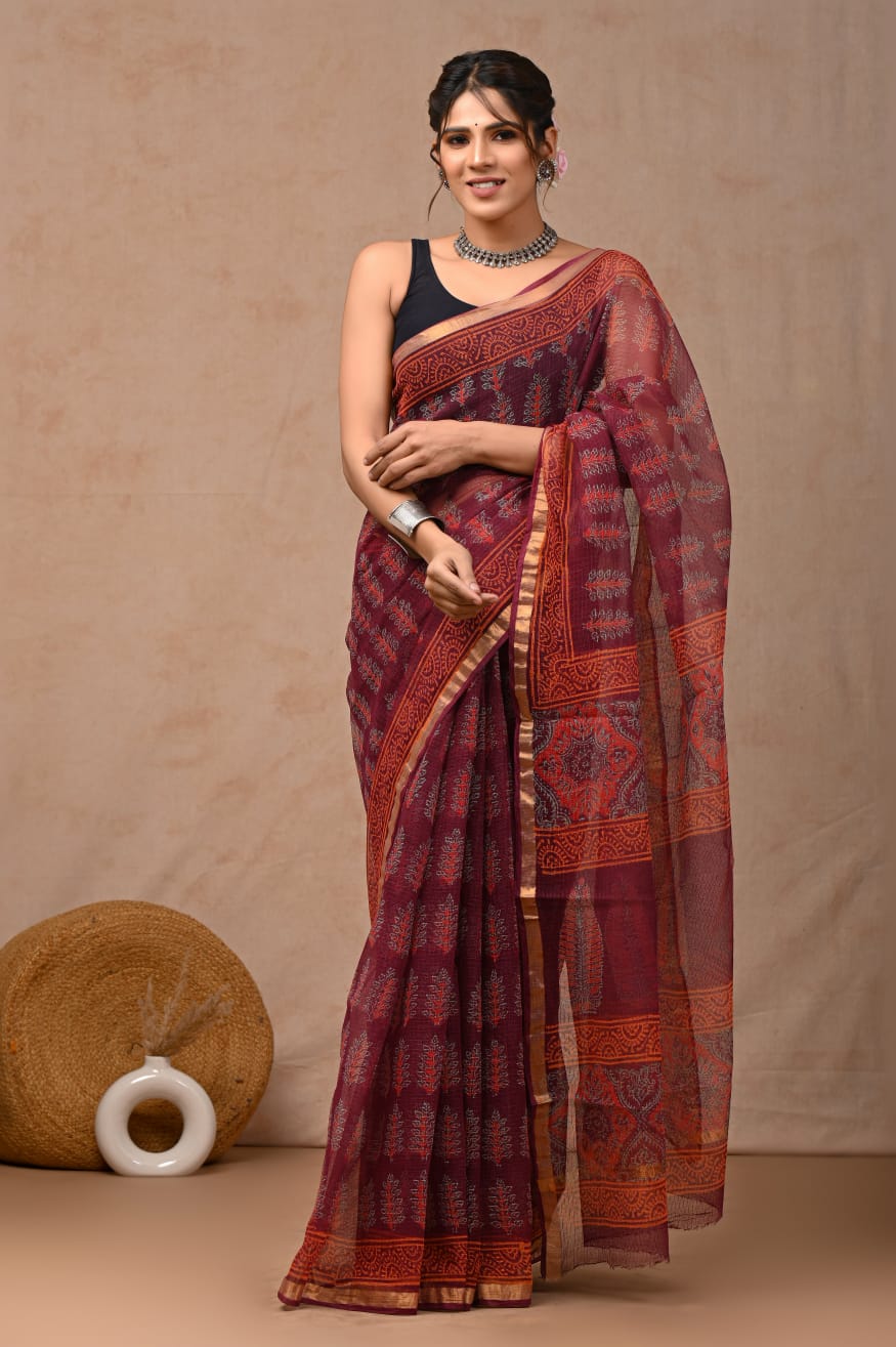 Deep Maroon Purple Kota Doriya Saree | Ajrak All-Over Hand Block Print (BFKS68)