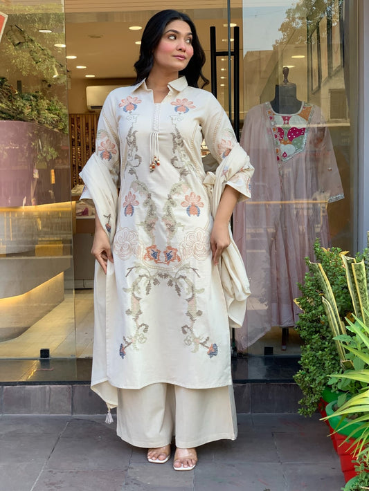 Cream Cotton Flex Kurti Set with Palazzo & Mul Mul Dupatta