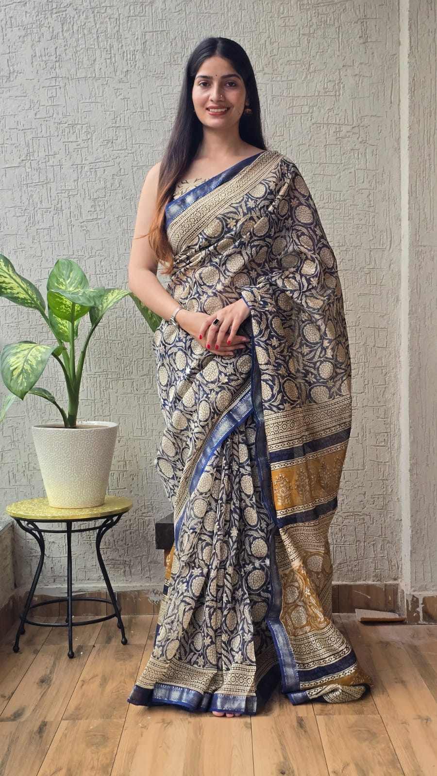 New Designer Hand Block Print Maheshwari Silk Saree (BFMSARE76)