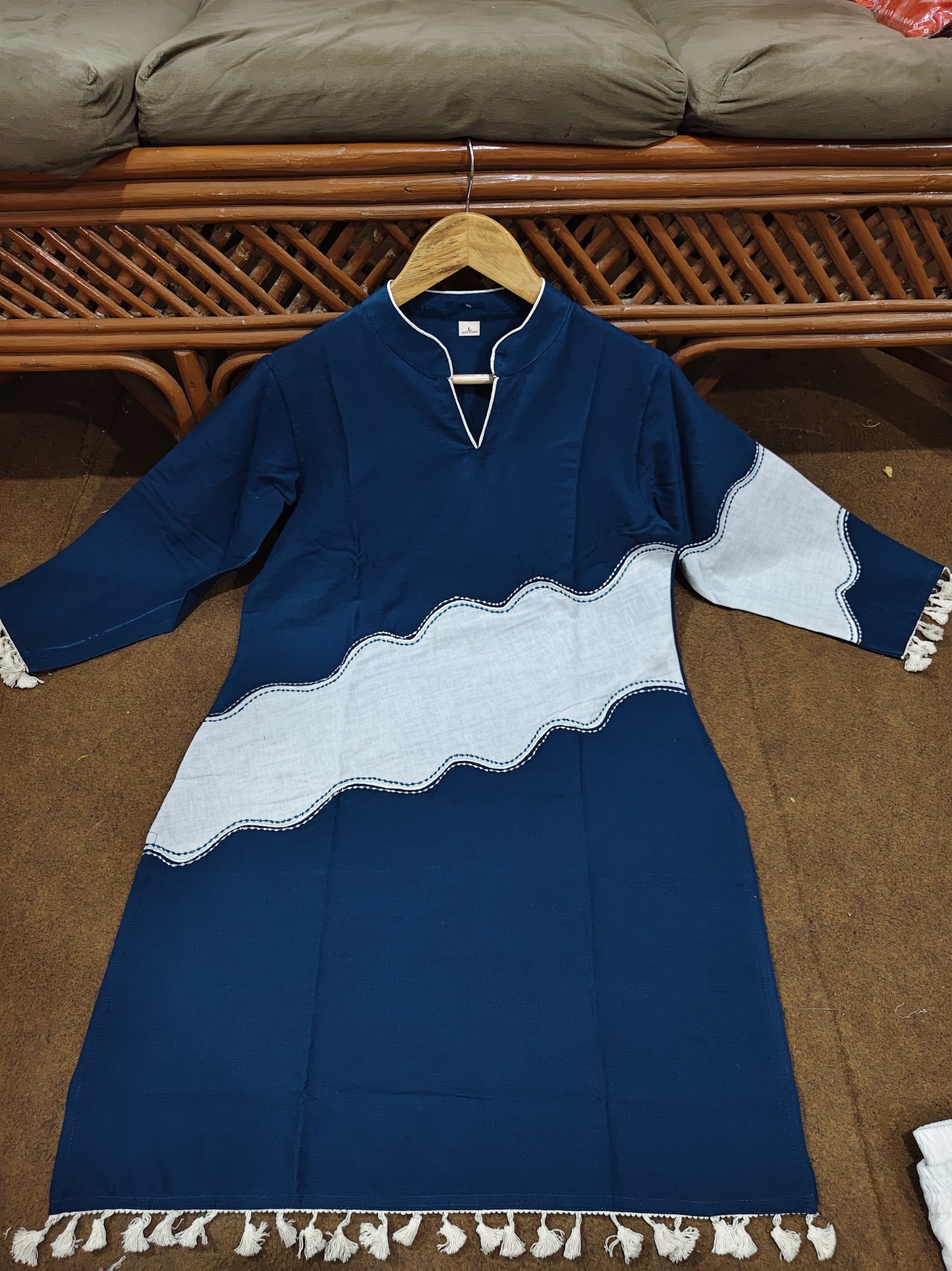Navy Blue Cotton Shirt with Embroidered Jute Jacket & Pant Set