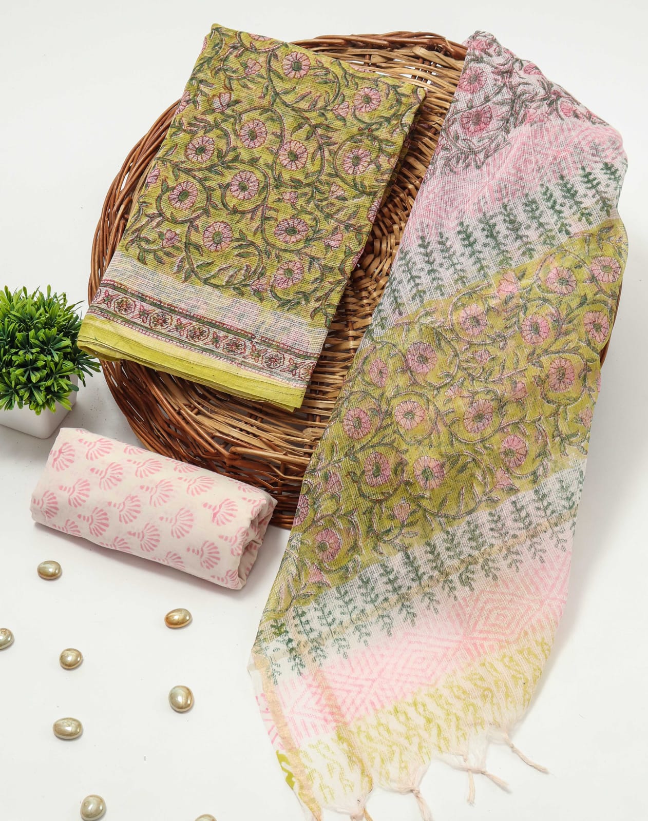Lime Green Floral Hand Block Print Kota Doriya Suit (BFFKO74)