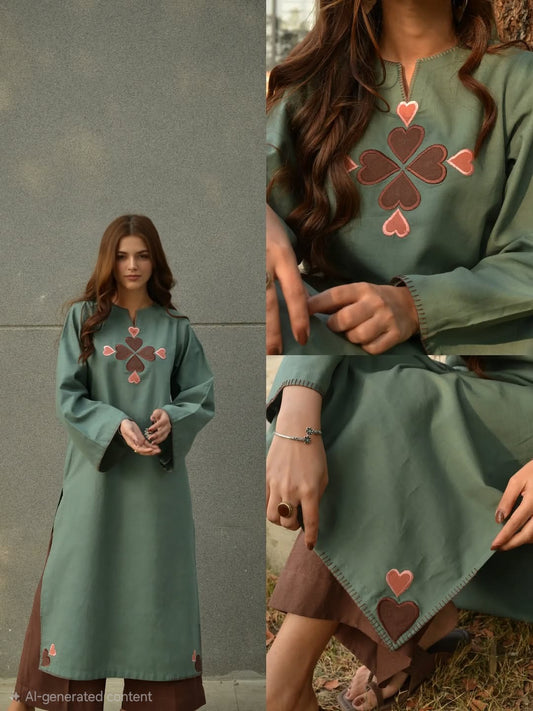 Olive Green Cotton Kurti Pant Set with Heart Embroidery for Women