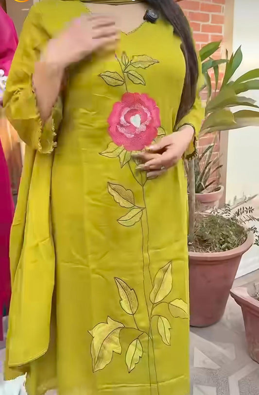 Mustard Yellow Cotton A-Line Suit with Rose Embroidery Work