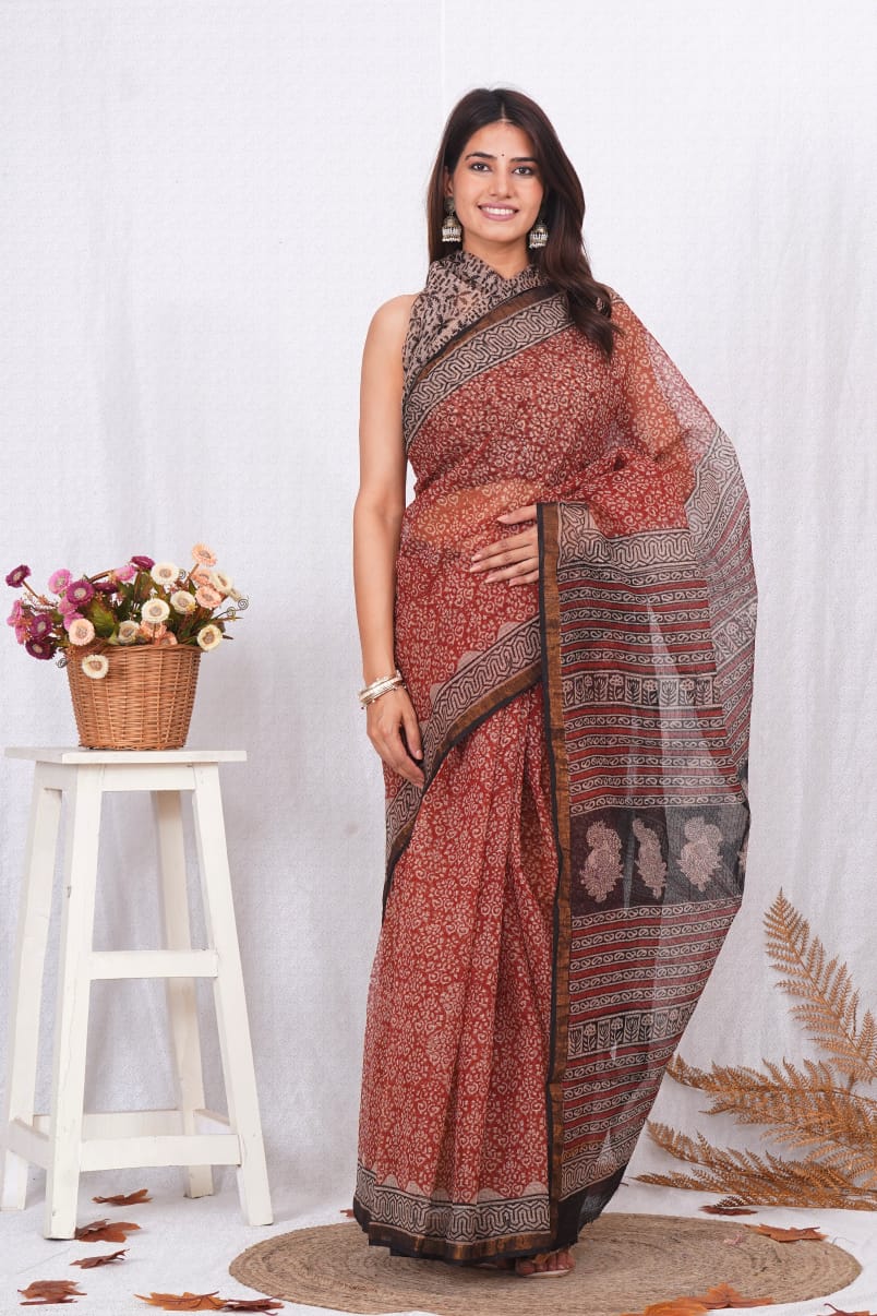 Rust Brick Red Kota Doriya Saree | Bagru Floral Hand Block Print | Natural Dye | Traditional Print (BFKS54)