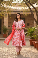 Red Cotton Printed Kurta Pant Dupatta Set