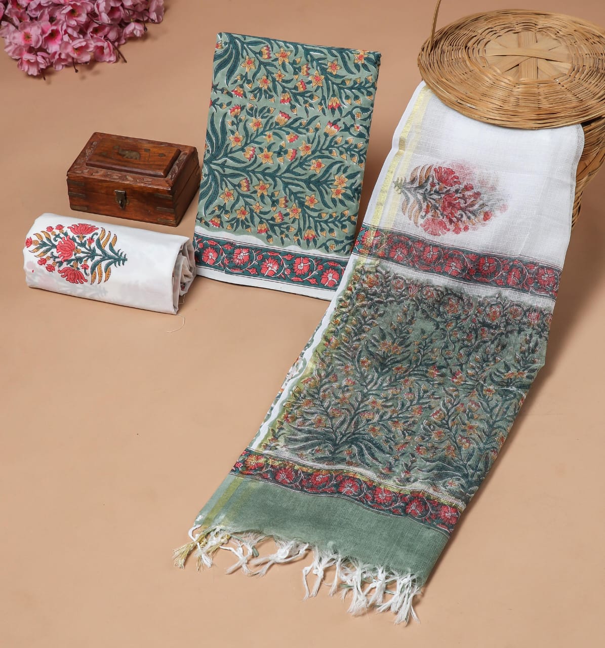 Premium Sanganeri Printed Cotton Suit With Kota Doria Duppta(BFCOTKD53)