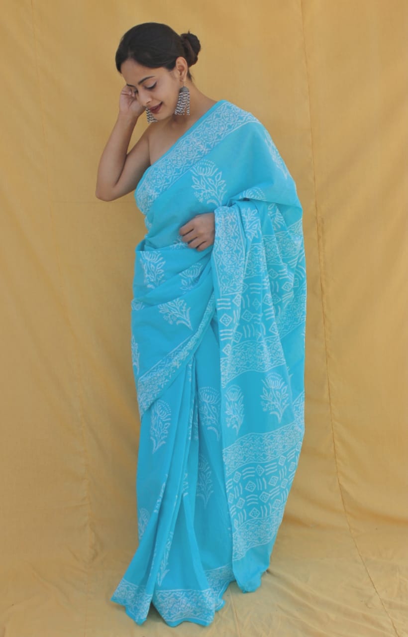 Sky Blue Hand Block Printed Cotton Saree with Blouse (BFCS84)