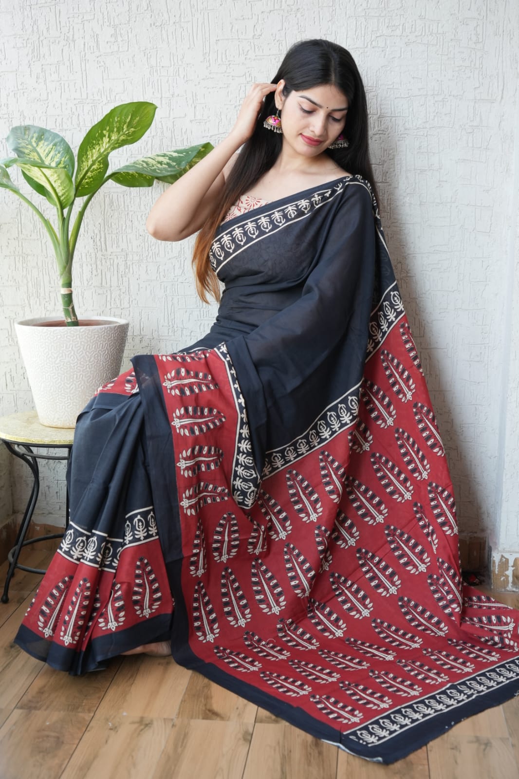 Black Red Printed Cotton Saree – Soft Cotton Saree for Women (BFCS16)