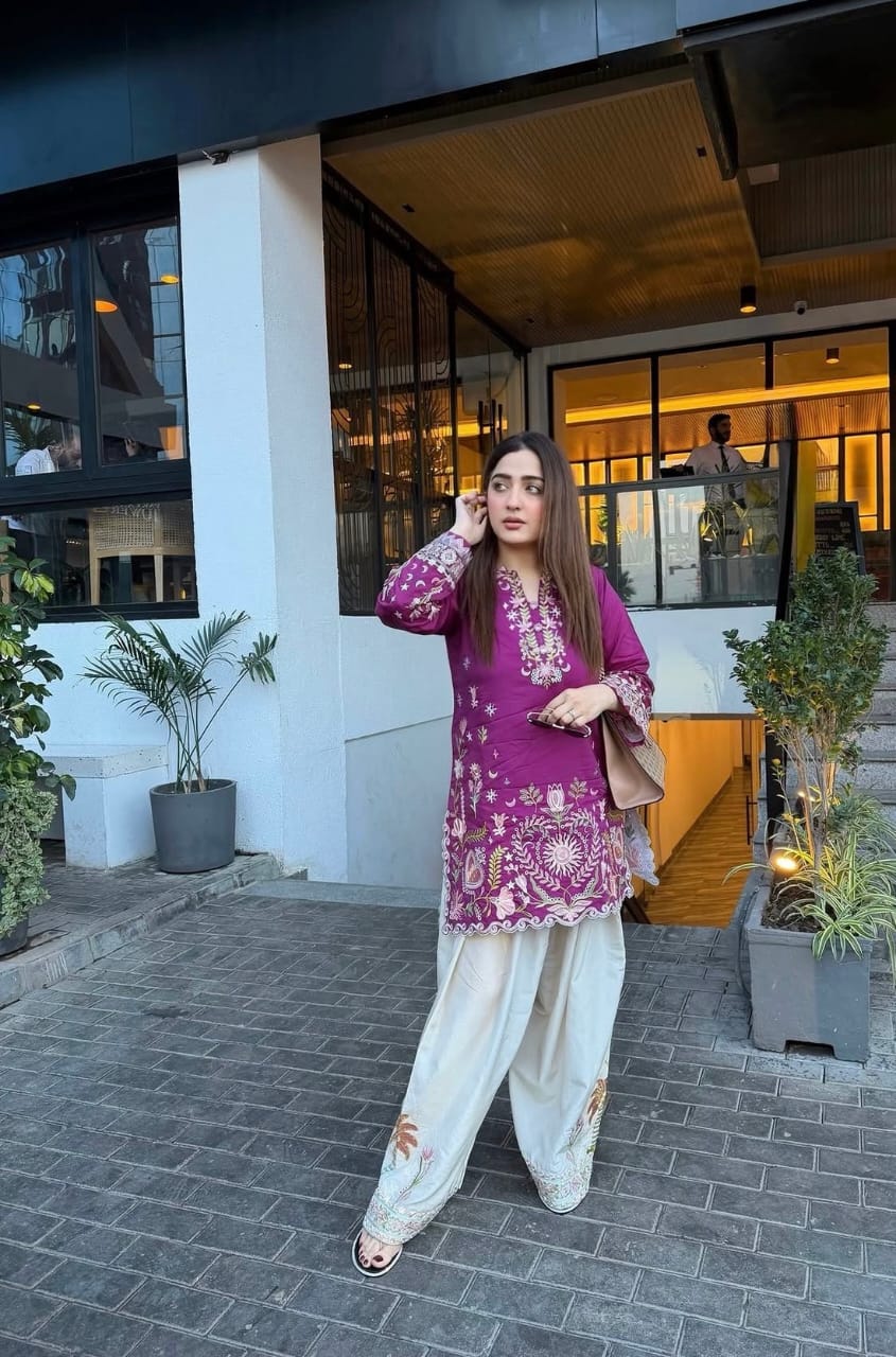 Rang-E-Malka Plum Purple Heavy Embroidered Farsi Suit Set | Modal Cotton