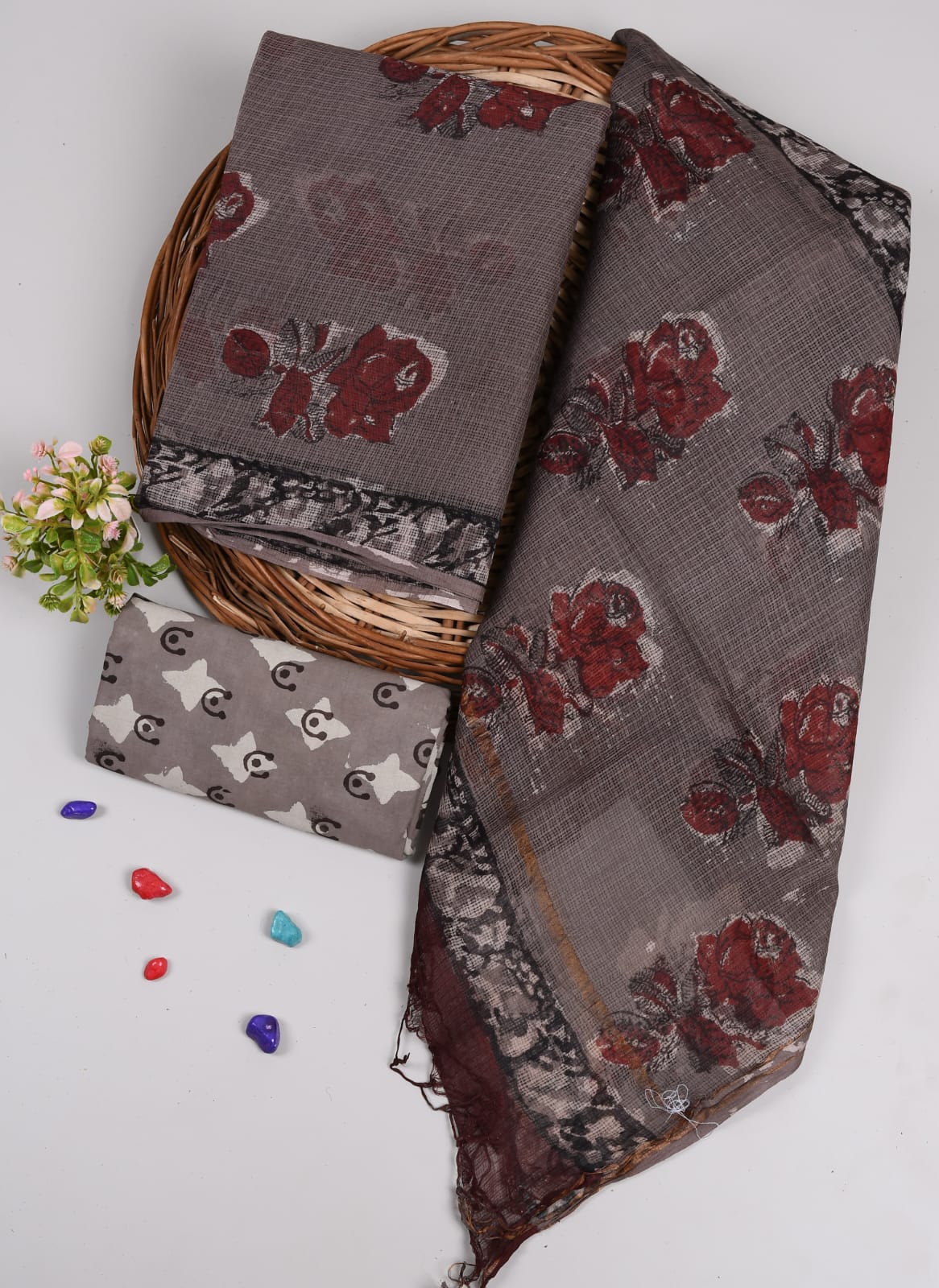 Grey & Maroon Rose Block Print Kota Doriya Suit (BFFKO94)