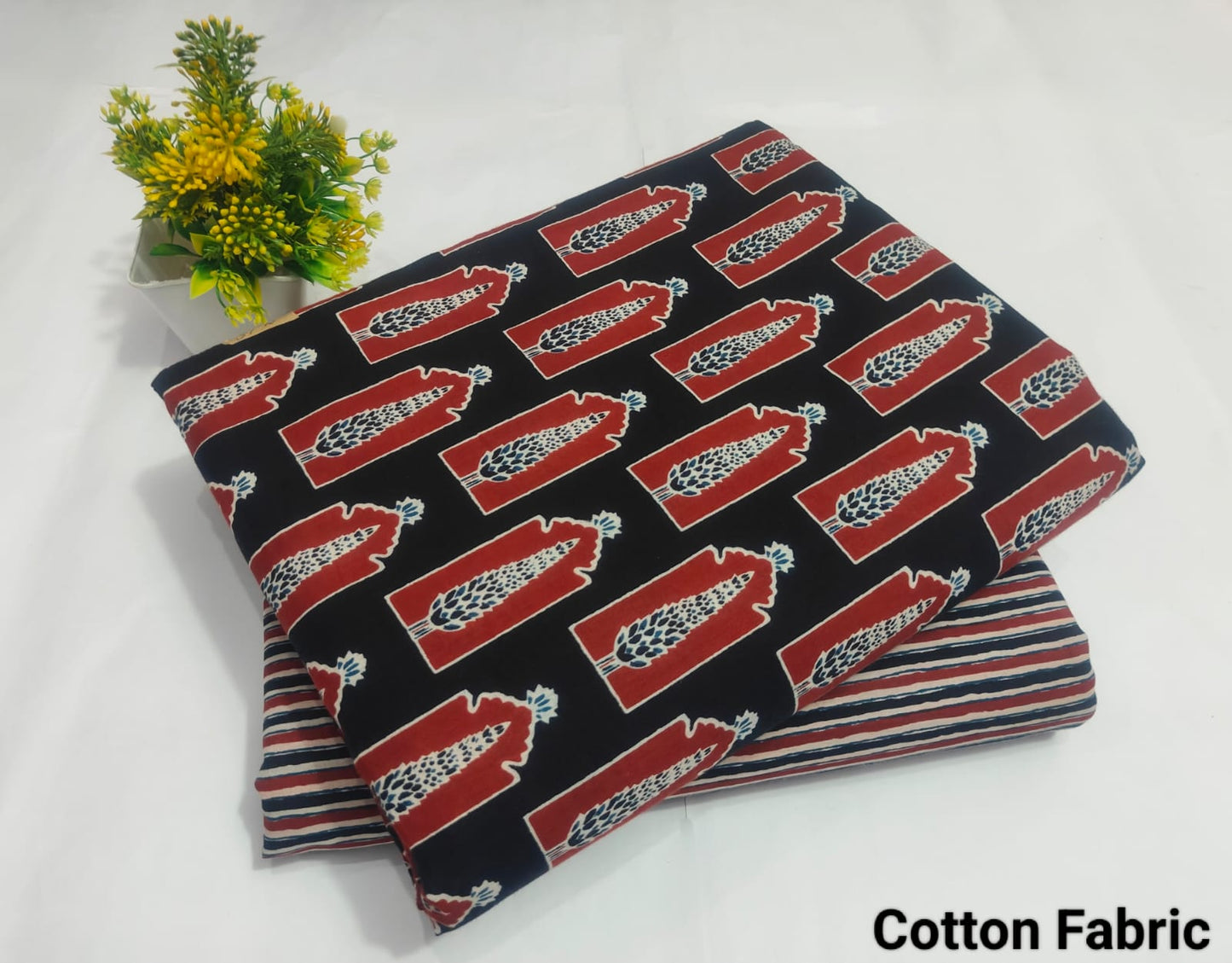 Black Red Ethnic Printed Cotton Fabric – Stylish Traditional Dress Material (BFTB29)