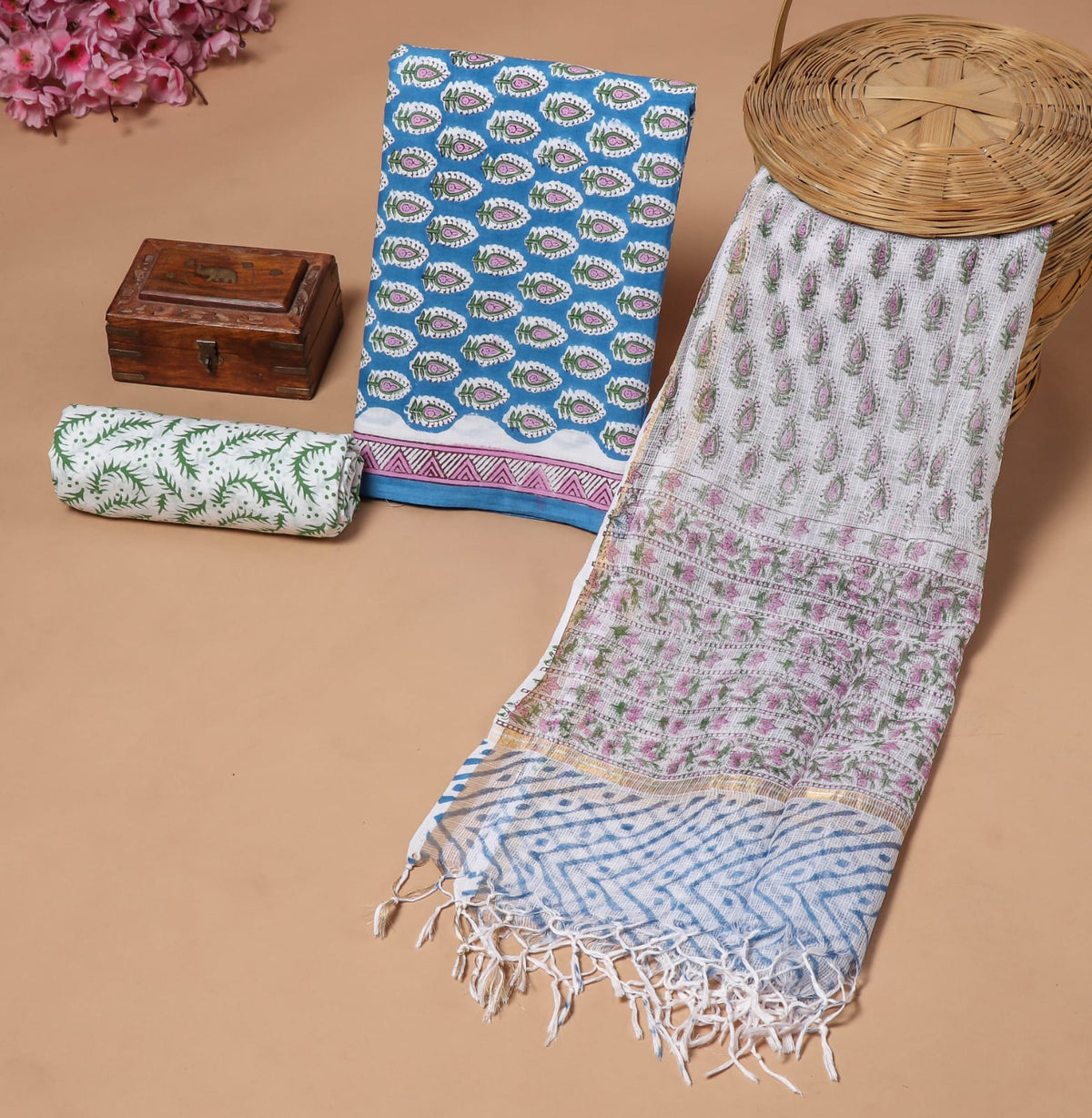 Premium Sanganeri Printed Cotton Suit With Kota Doria Duppta(BFCOTKD52)
