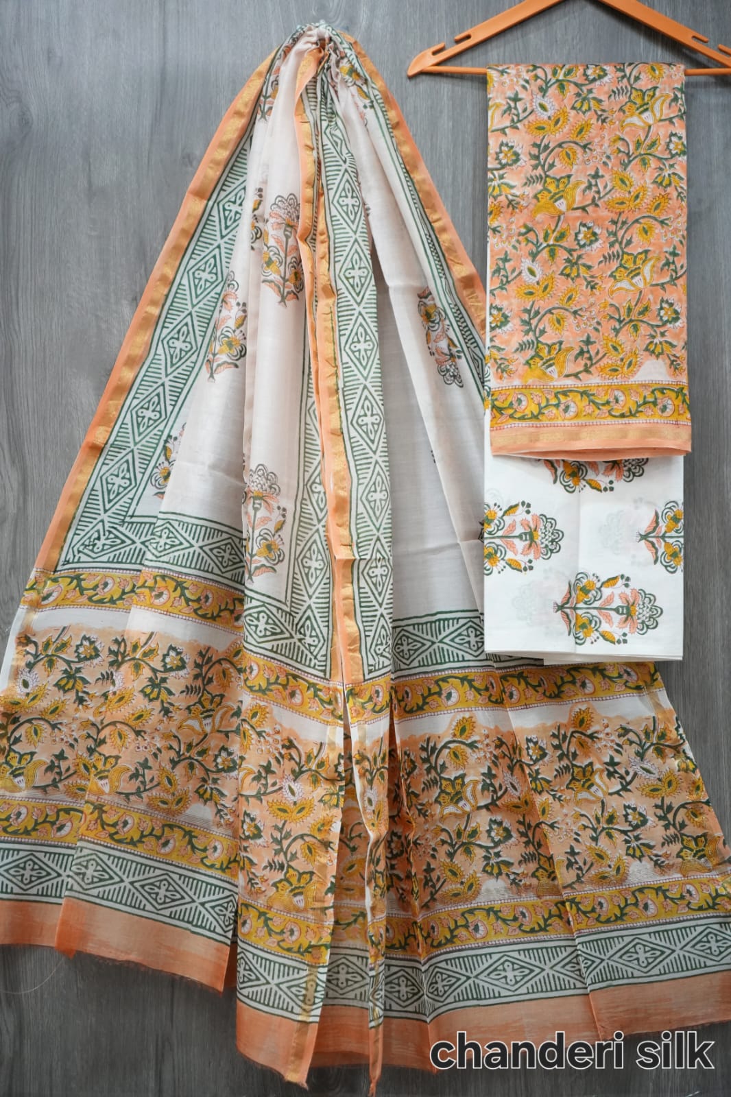 Peach & Green Floral Jaal Hand Block Print Chanderi Silk Dress Material (BFCHS29)
