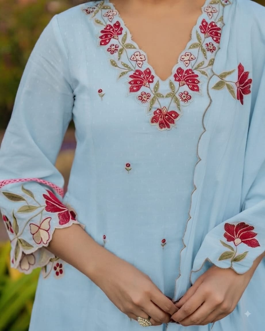 Sky Blue Cotton Anarkali Kurta Pant with Embroidered Dupatta | Designer Suit Set