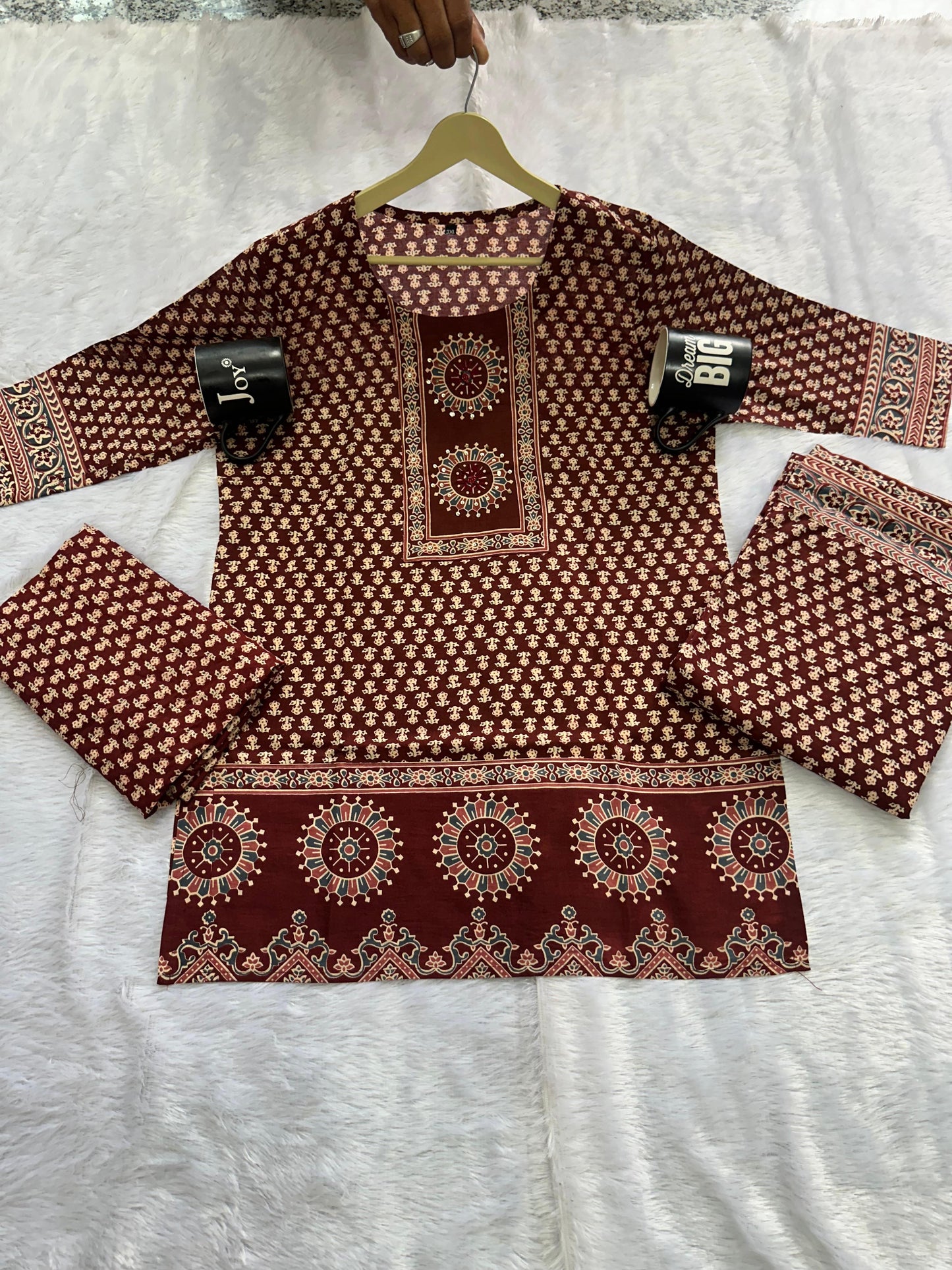 Maroon Cotton Printed Gopi Sharara Set | Ajrakh Print Kurti with Dupatta